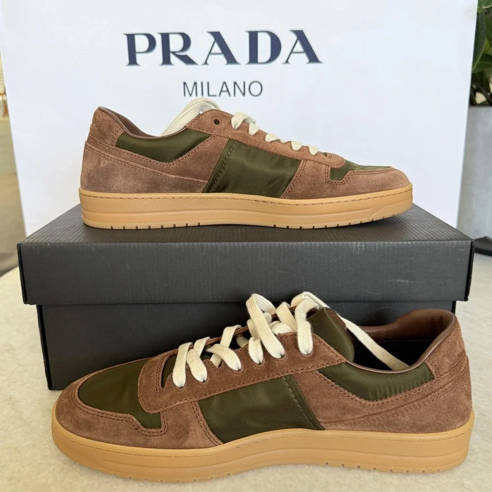 Prada Milano 2EE364 Men Brown/Green Suede Fabric Downtown Sneakers shoes UK‎ 7